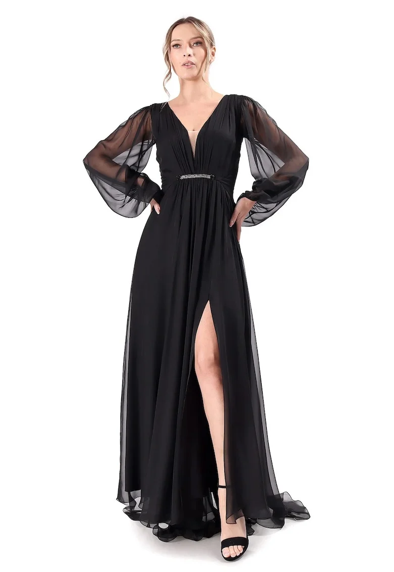 Rochie lunga de seara din voal uni RFX-PFN, Negru,