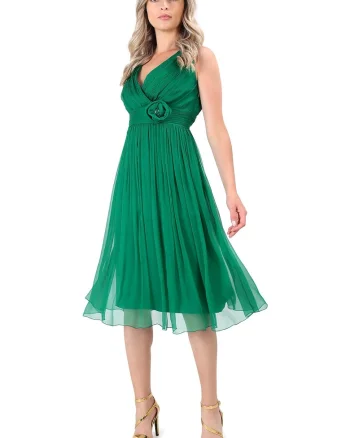 Rochie de seara din voal de matase naturala cu brosa RGY-YR7, Verde,