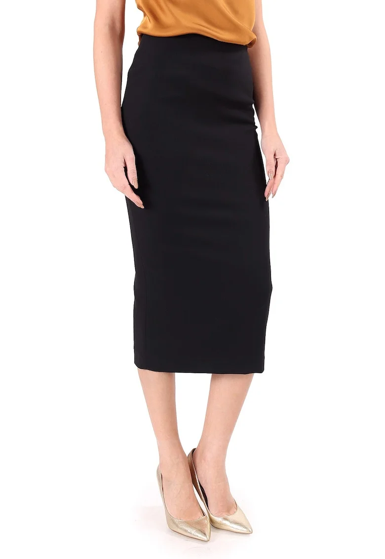 Fusta creion midi din stofa elastica cu viscoza FAS-ID, Negru