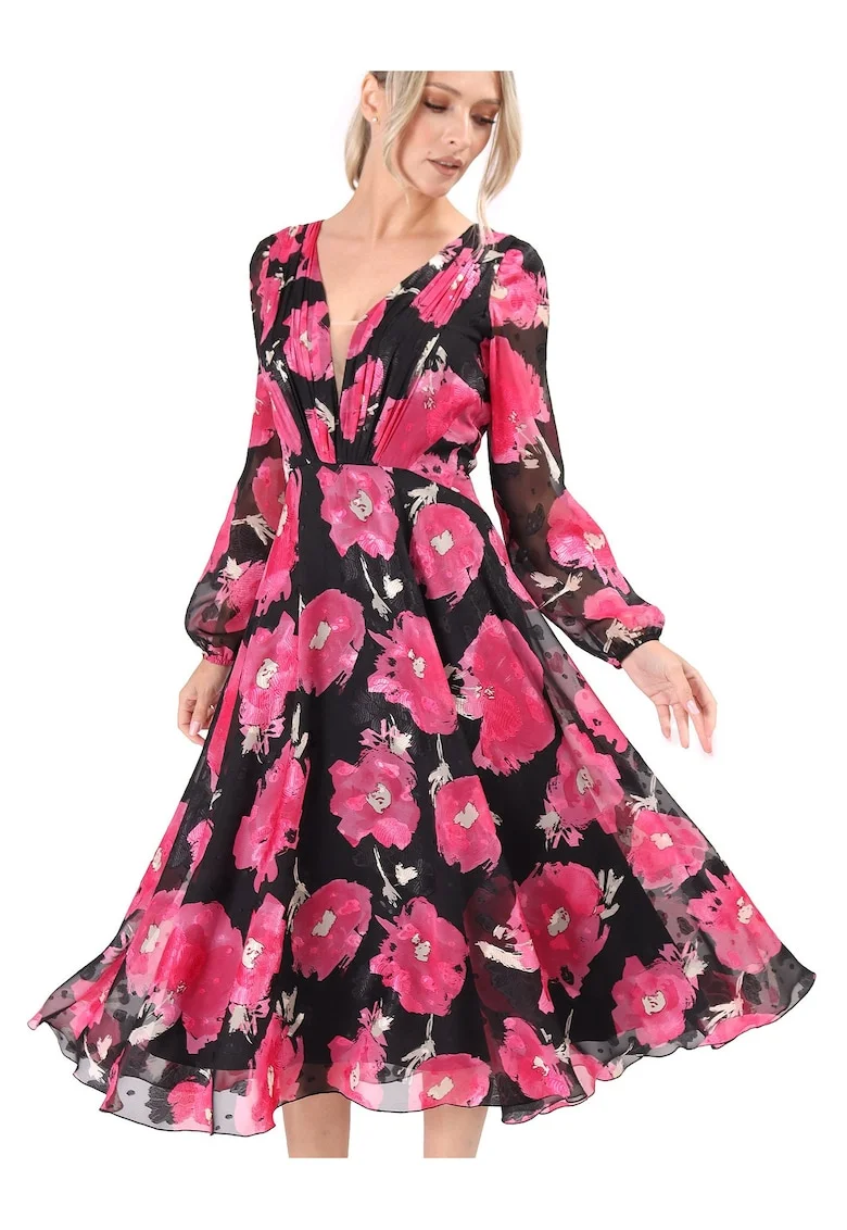 Rochie de seara din voal imprimat cu motive florale RFX-FV, Roz