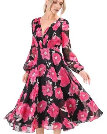 Rochie de seara din voal imprimat cu motive florale RFX-FV, Roz