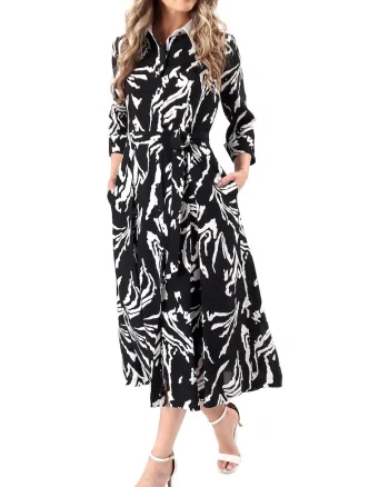 Rochie midi tip camasa din viscoza cu guler, Negru,