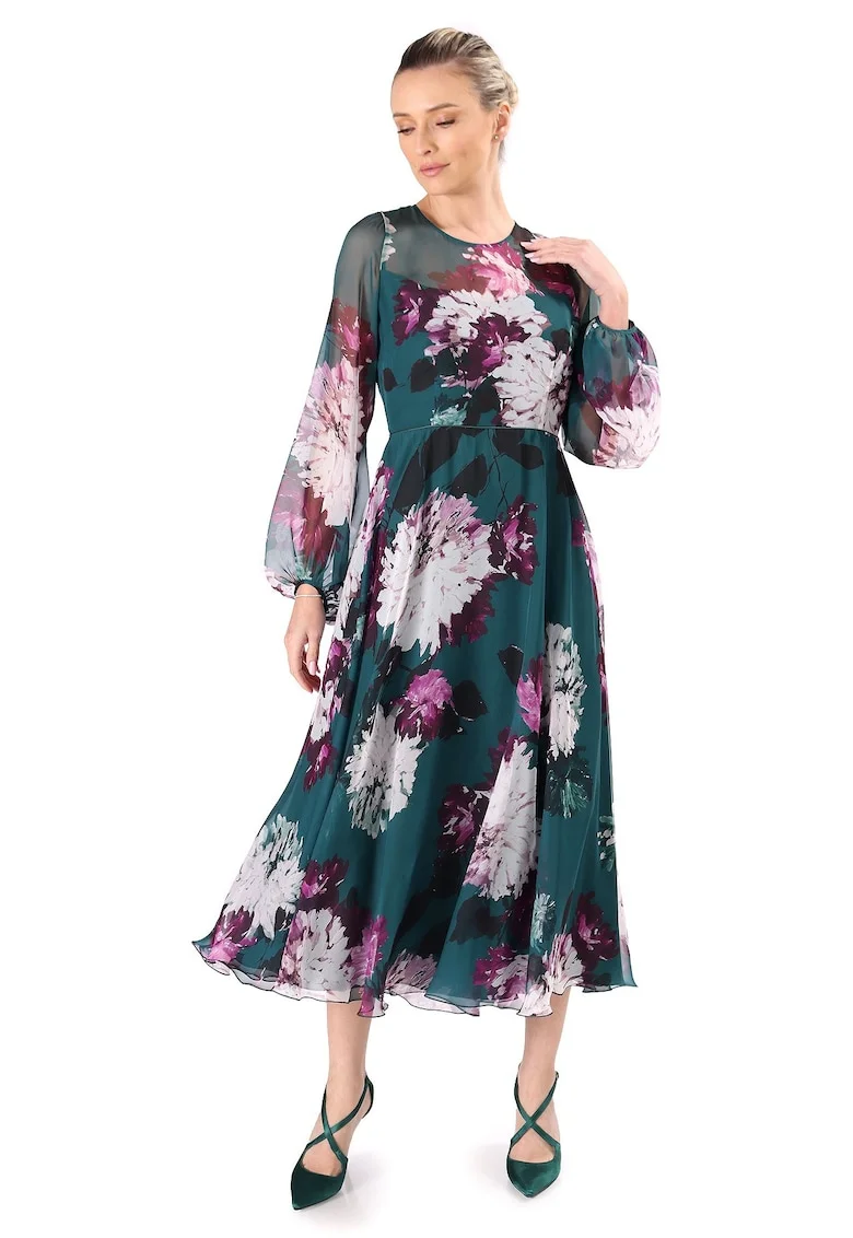 Rochie midi din voal fin imprimat cu motive florale RLX-P5F, Verde,