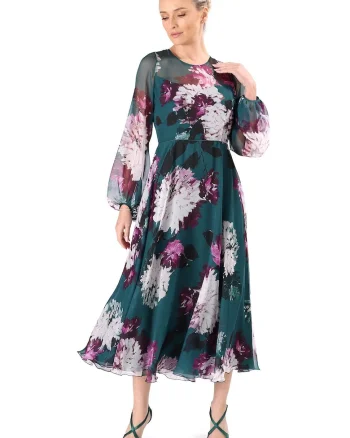 Rochie midi din voal fin imprimat cu motive florale RLX-P5F, Verde,