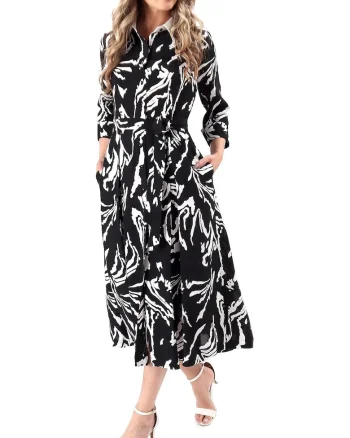 Rochie midi tip camasa din viscoza cu guler cu stei alb R9C-M3A, Negru,