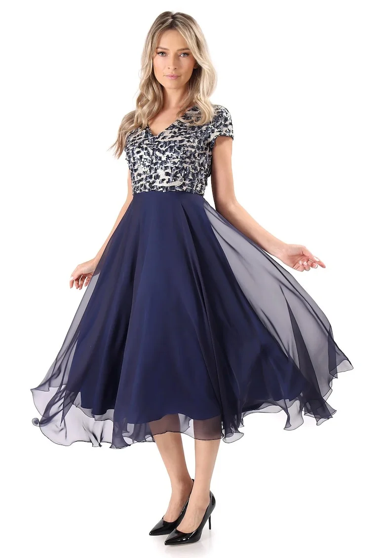 Rochie de seara din voal cu corsaj din paiete R7Y-TCD, Bleumarin,