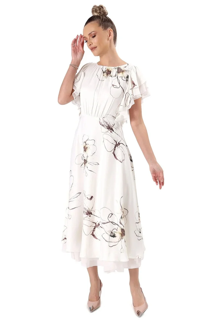 Rochie midi eleganta din viscoza satinata imprimata cu motive florale R5G-LKW, Alb fildes,
