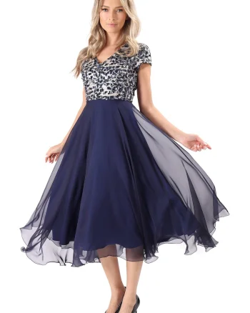 Rochie de seara din voal cu corsaj din paiete R7Y-TCD, Bleumarin,