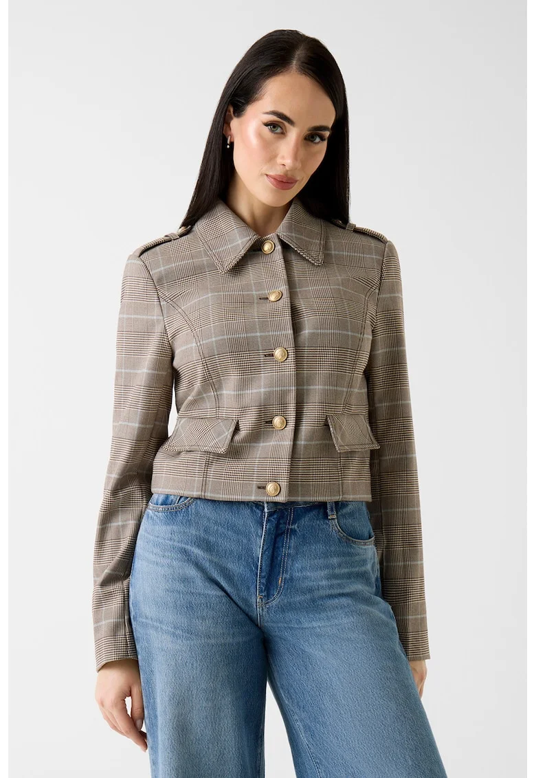 Sacou cu model in carouri, Maro/Albastru deschis