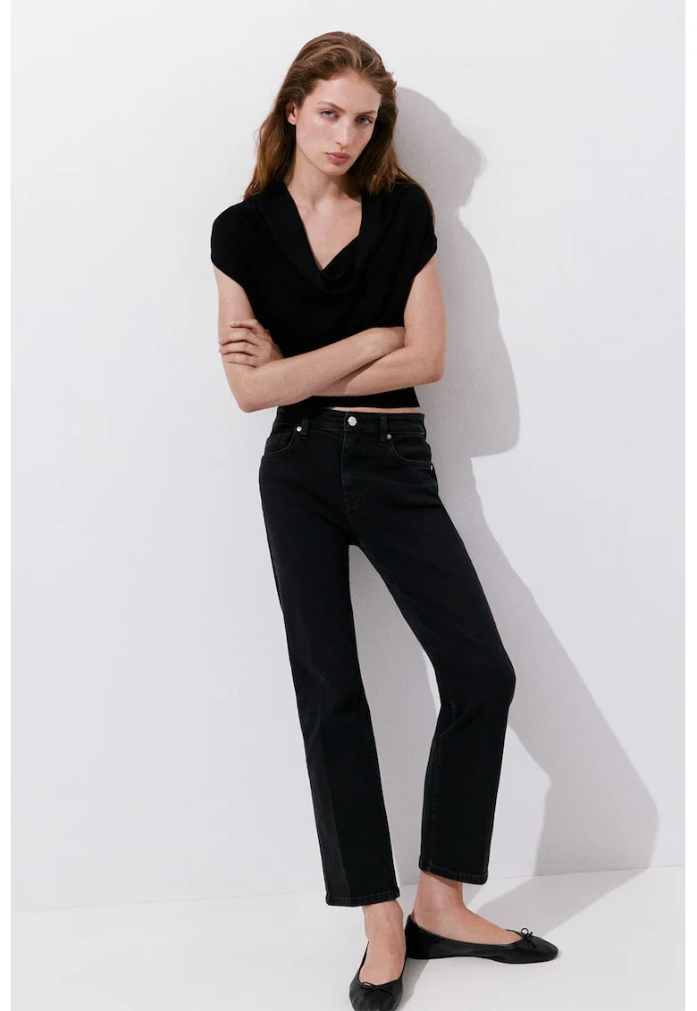 Blugi crop cu talie inalta, Negru