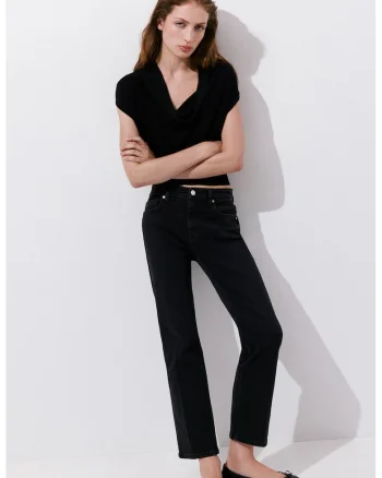 Blugi crop cu talie inalta, Negru
