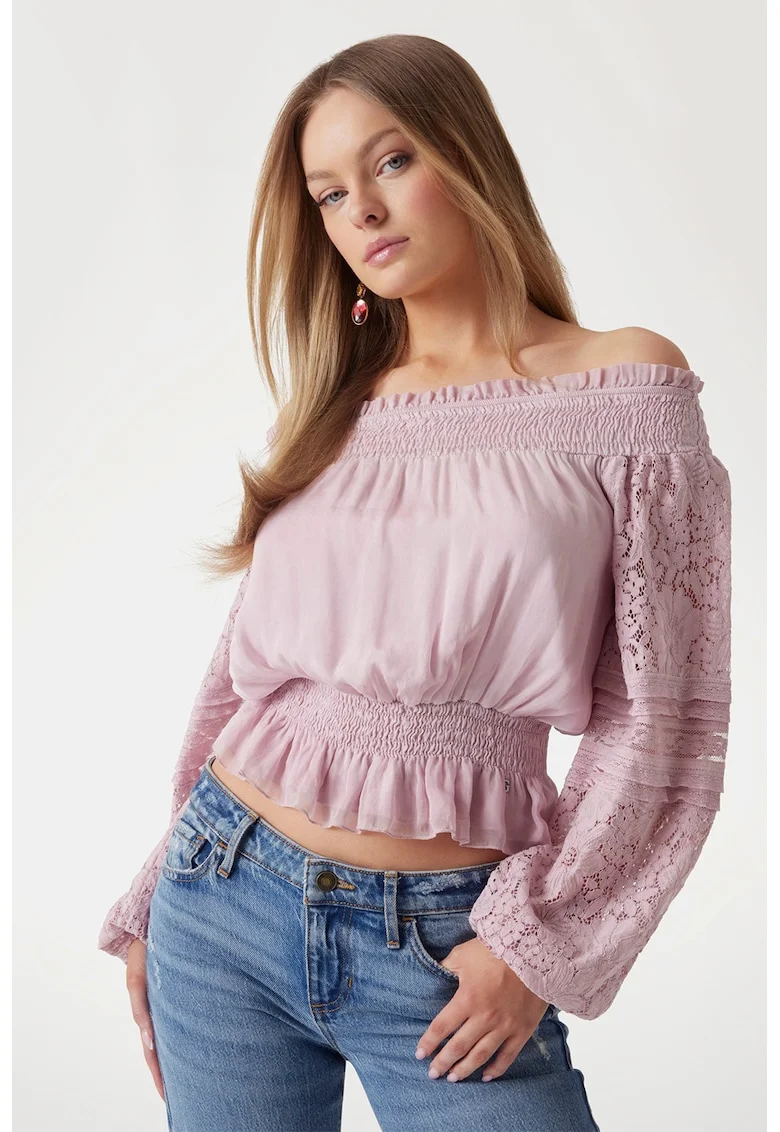 Bluza din amestec de matase cu decolteu pe umeri, Violet prafuit