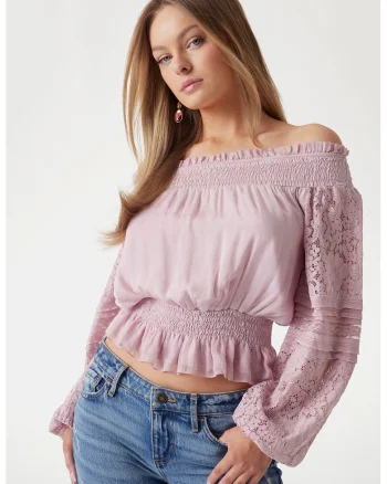 Bluza din amestec de matase cu decolteu pe umeri, Violet prafuit