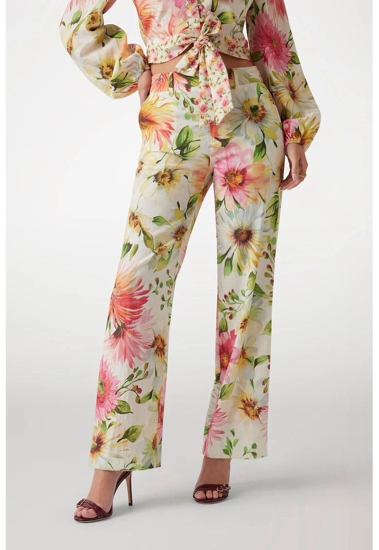 Pantaloni cu model floral si buzunare laterale, Verde/Galben pal/Roz