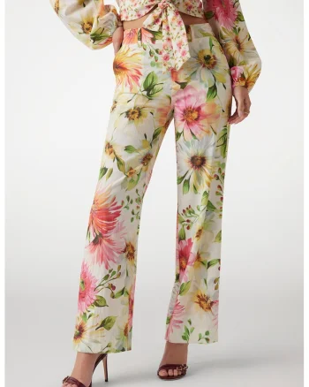 Pantaloni cu model floral si buzunare laterale, Verde/Galben pal/Roz
