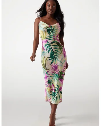 Rochie midi cu imprimeu cu frunze, Verde/Galben/Roz