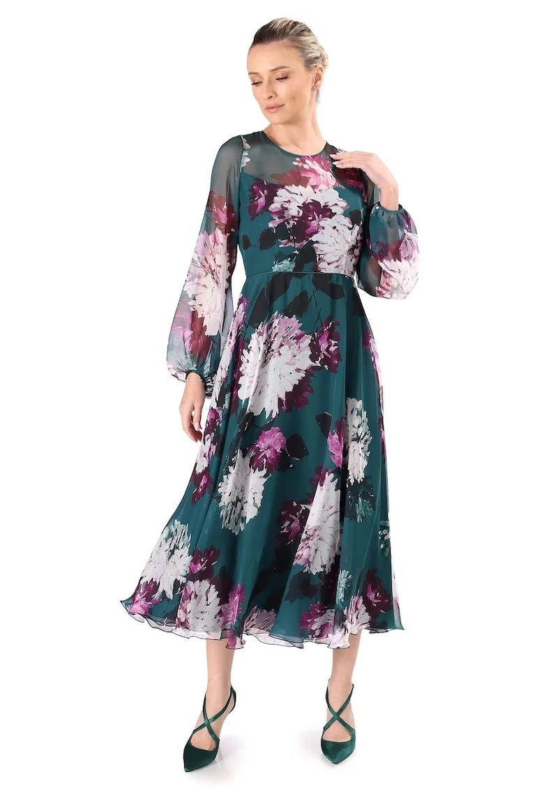 Rochie midi din voal fin imprimat cu motive florale RLX-P5F, Verde,