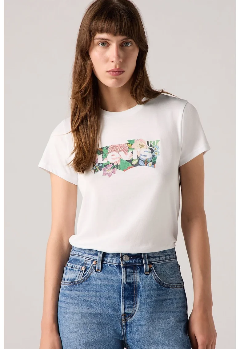 Tricou de bumbac cu decolteu la baza gatului, Verde pal/Alb murdar