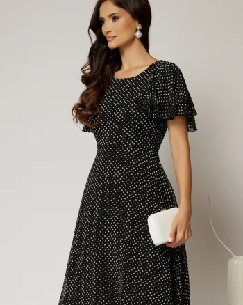 Rochie midi din voal neagra cu buline si volanase la maneci