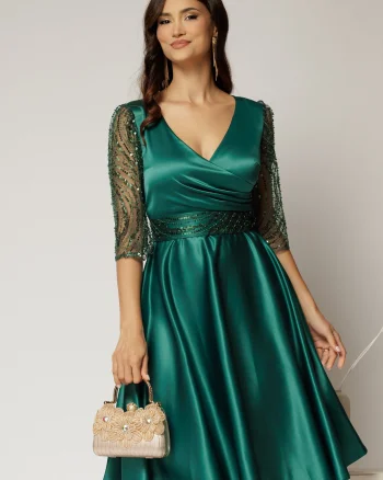 Rochie Adria verde smarald din tafta in clos cu cordon in talie