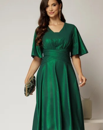 Rochie midi verde de ocazie din voal cu sidef si decolteu in V