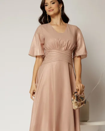 Rochie midi roz de ocazie din voal cu sidef si decolteu in V