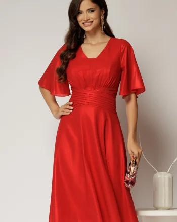 Rochie midi rosie de ocazie din voal cu sidef si decolteu in V