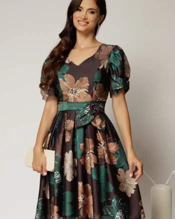 Rochie midi neagra cu imprimeuri verzi si bej din voal satinat si cordon detasabil