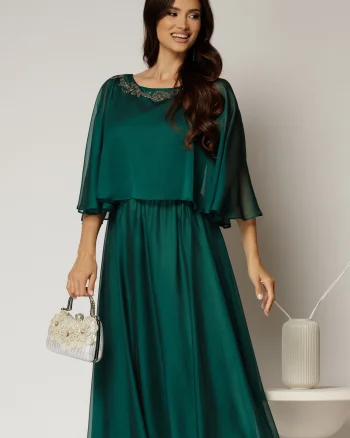 Rochie midi verde de ocazie din voal cu aplicatii la decolteu