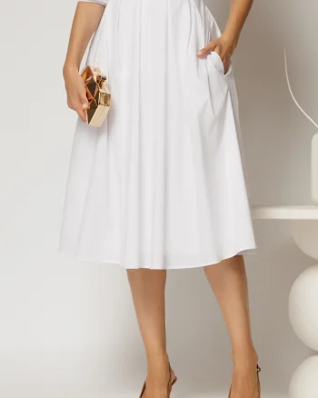 Fusta DY Fashion alba din poplin cu pliuri si curea in talie