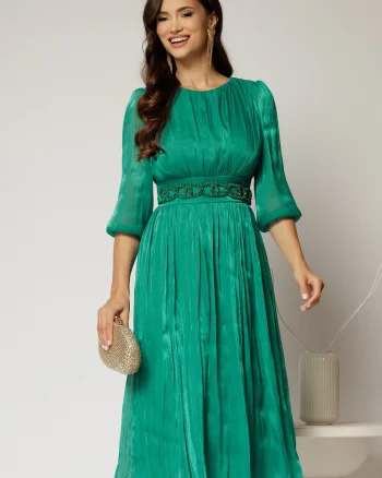 Rochie midi verde de ocazie din voal peliculizat cu cordon detasabil