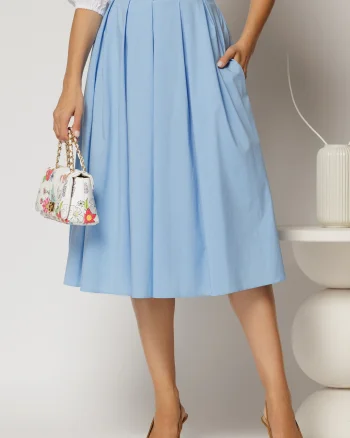 Fusta DY Fashion bleu din poplin cu pliuri si curea in talie