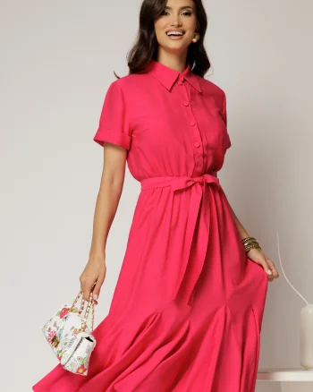 Rochie midi fucsia din viscoza in clos cu nasturi si cordon