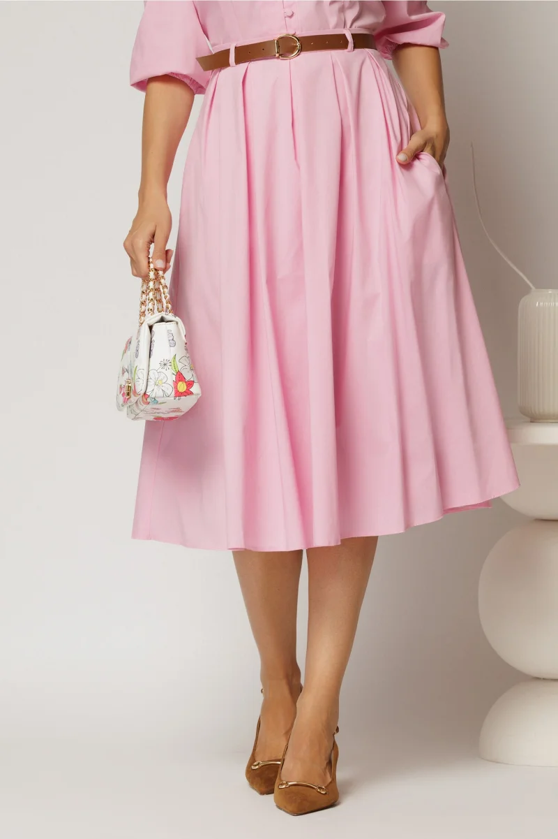 Fusta DY Fashion roz din poplin cu pliuri si curea in talie
