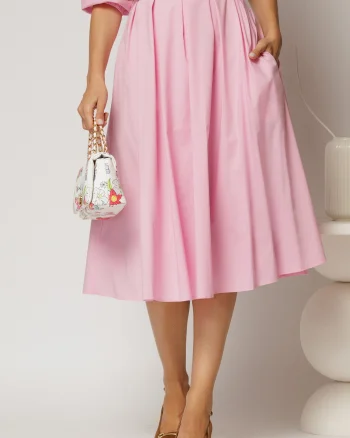 Fusta DY Fashion roz din poplin cu pliuri si curea in talie