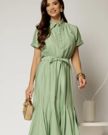 Rochie midi verde fistic din viscoza in clos cu nasturi si cordon