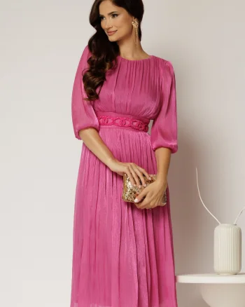 Rochie midi fucsia de ocazie din voal peliculizat cu cordon detasabil