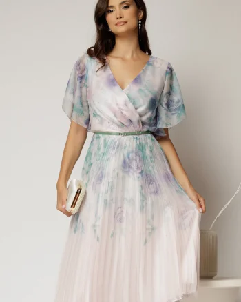 Rochie midi eleganta cu imprimeuri vernil cu fusta clos plisata