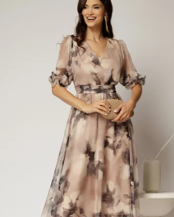 Rochie midi bej de ocazie cu imprimeuri gri si decolteu V