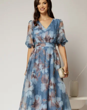 Rochie midi bleu de ocazie cu imprimeuri bej si decolteu V