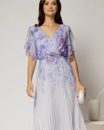 Rochie midi eleganta cu imprimeuri lila cu fusta clos plisata