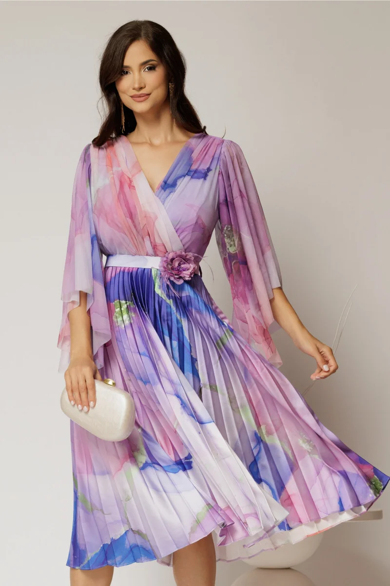 Rochie midi din tull cu imprimeu lila si fusta plisata din satin