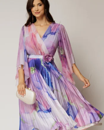 Rochie midi din tull cu imprimeu lila si fusta plisata din satin