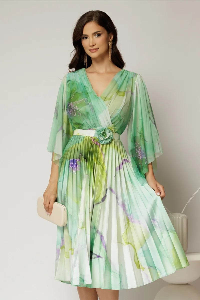 Rochie midi din tull cu imprimeu verde si fusta plisata din satin