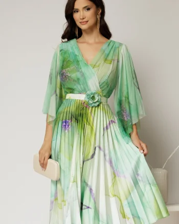 Rochie midi din tull cu imprimeu verde si fusta plisata din satin