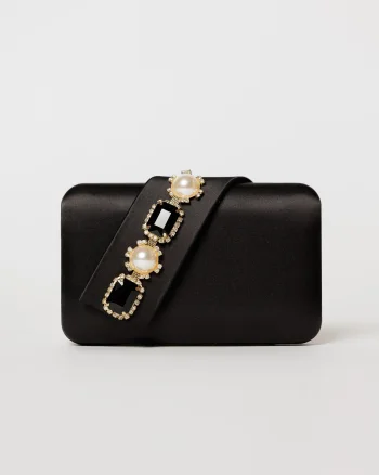 Clutch negru elegant din satin cu aplicatii de perle si cristale