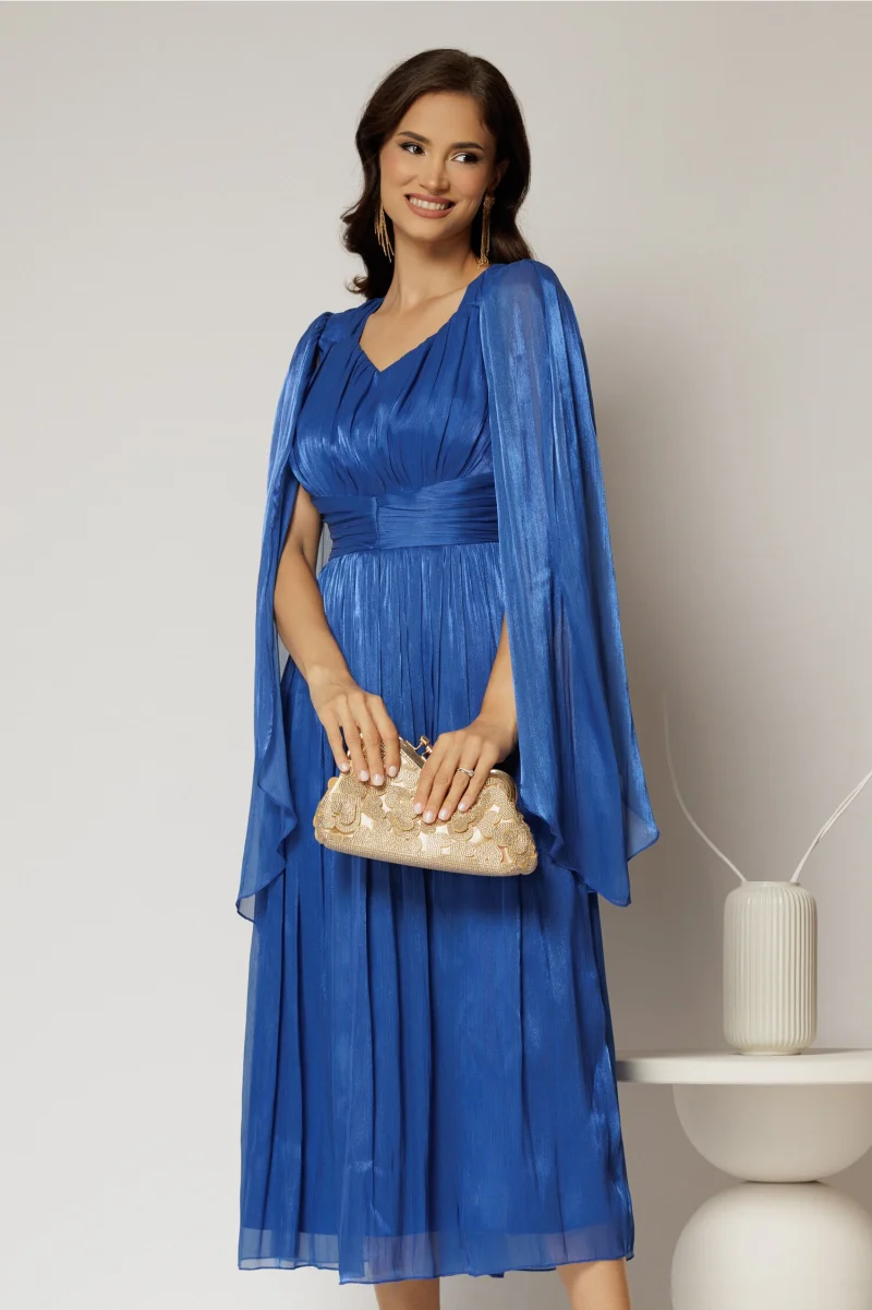 Rochie midi Scarlet albastra din voal peliculizat cu maneci ample si deolteu V