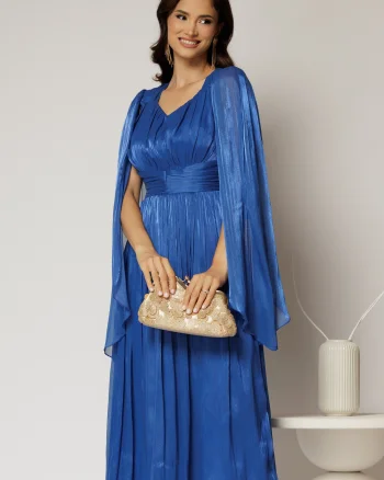 Rochie midi Scarlet albastra din voal peliculizat cu maneci ample si deolteu V