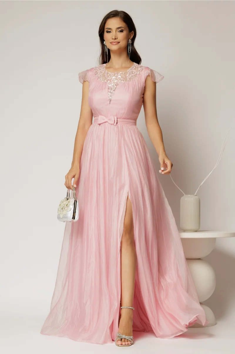 Rochie DY Fashion lunga roz de seara din voal creponat si funda in talie