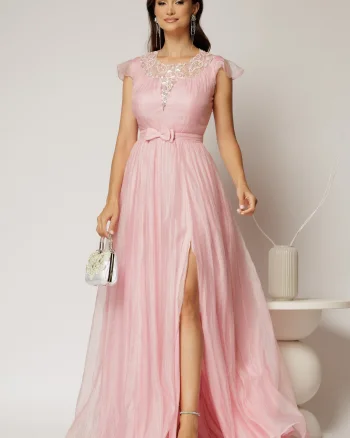 Rochie DY Fashion lunga roz de seara din voal creponat si funda in talie